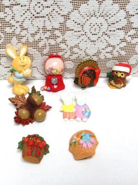 HALLMARK Children's Pin Brooches Lot of 8 Easter Bunny Turkey Owl Vintage